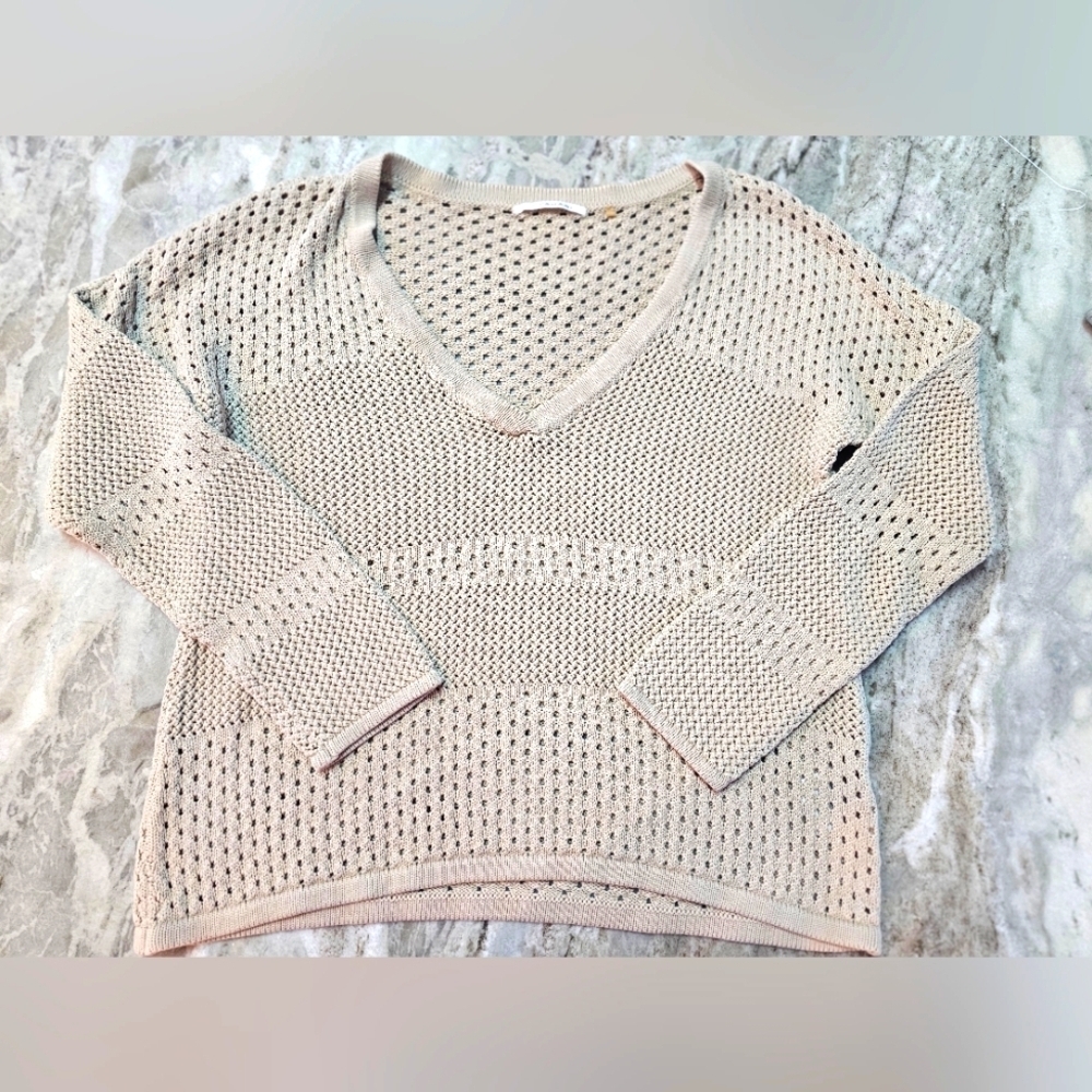 Tahari Beige Open Knit Cardigan Sweater Women’s Small Cotton Blend Neutral